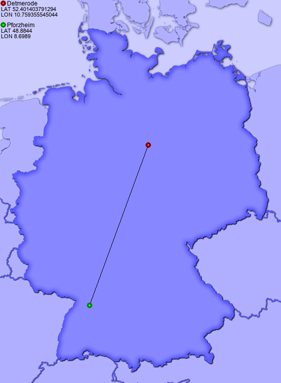 Distance from Detmerode to Pforzheim