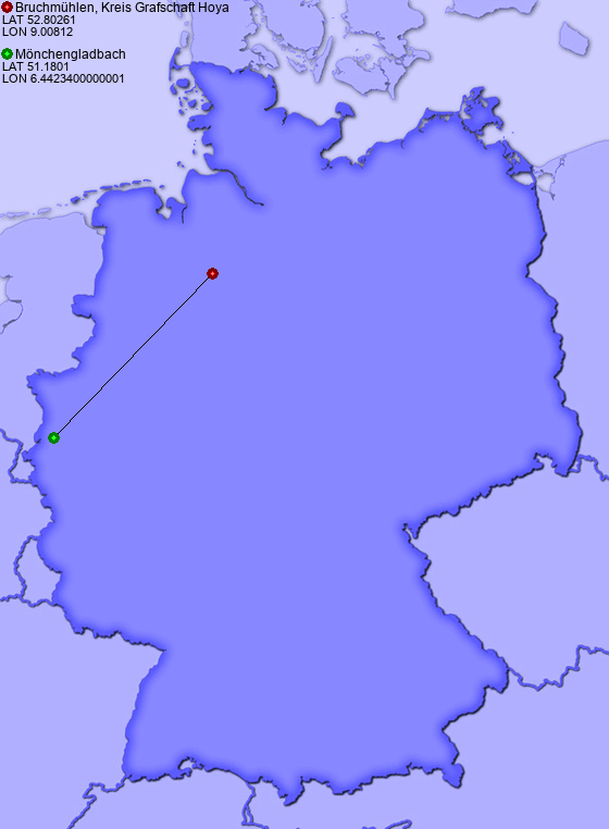 Distance from Bruchmühlen, Kreis Grafschaft Hoya to Mönchengladbach