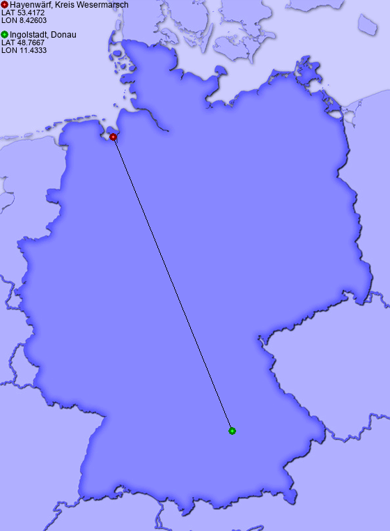 Distance from Hayenwärf, Kreis Wesermarsch to Ingolstadt, Donau