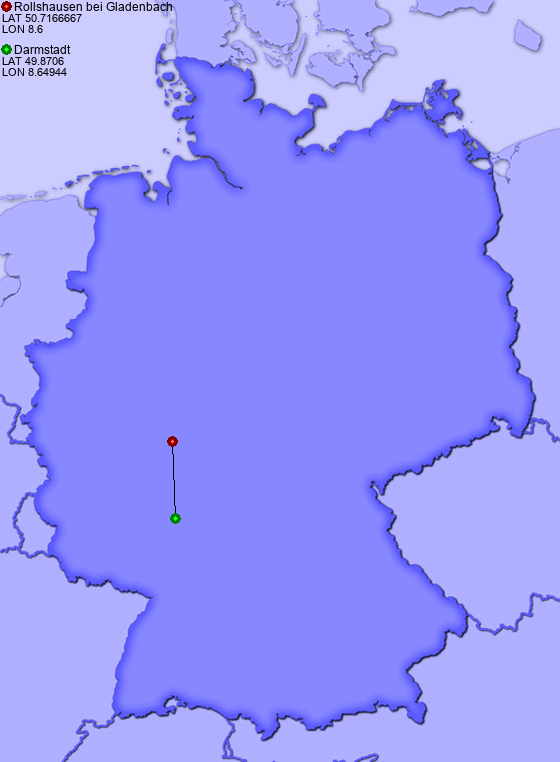 Distance from Rollshausen bei Gladenbach to Darmstadt