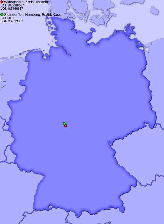 Distance from Willingshain, Kreis Hersfeld to Steindorf bei Homberg, Bezirk Kassel