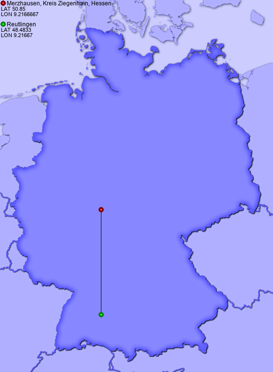 Distance from Merzhausen, Kreis Ziegenhain, Hessen to Reutlingen