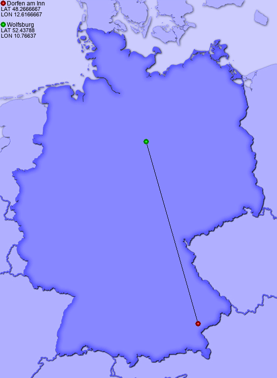 Distance from Dorfen am Inn to Wolfsburg