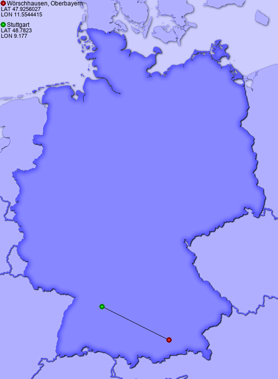 Distance from Wörschhausen, Oberbayern to Stuttgart