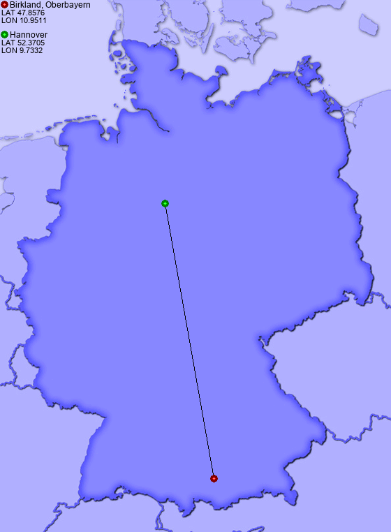 Distance from Birkland, Oberbayern to Hannover