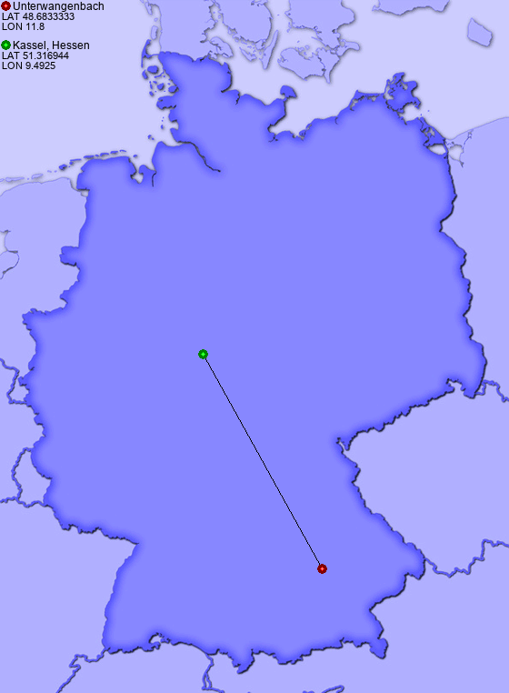 Distance from Unterwangenbach to Kassel, Hessen