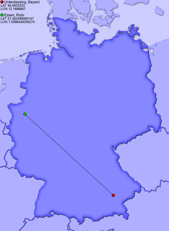 Distance from Unterdessing, Bayern to Essen, Ruhr
