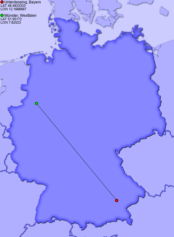 Distance from Unterdessing, Bayern to Münster, Westfalen
