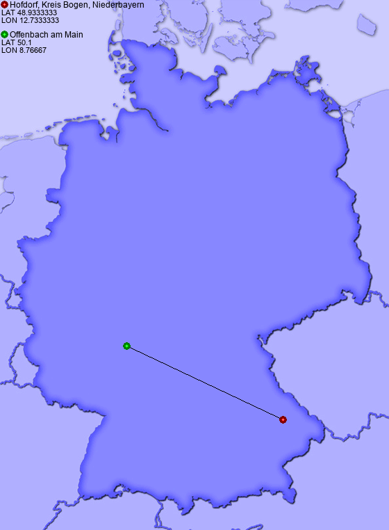 Distance from Hofdorf, Kreis Bogen, Niederbayern to Offenbach am Main