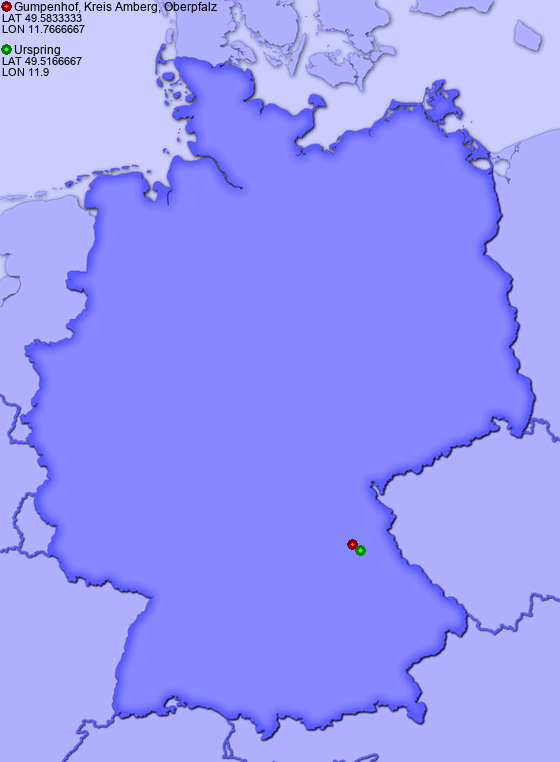 Distance from Gumpenhof, Kreis Amberg, Oberpfalz to Urspring