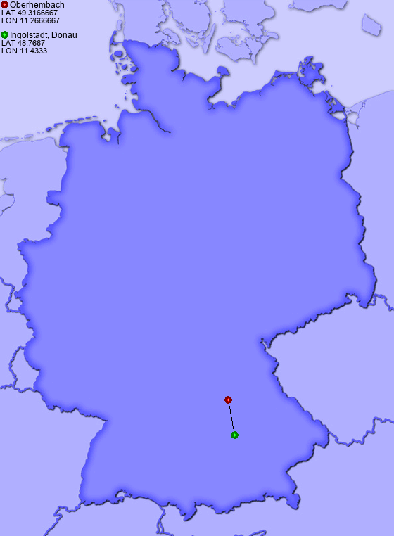 Distance from Oberhembach to Ingolstadt, Donau