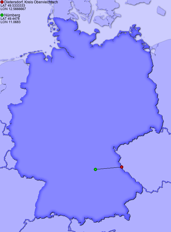 Distance from Dietersdorf, Kreis Oberviechtach to Nürnberg