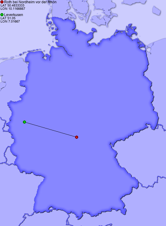 Distance from Roth bei Nordheim vor der Rhön to Leverkusen
