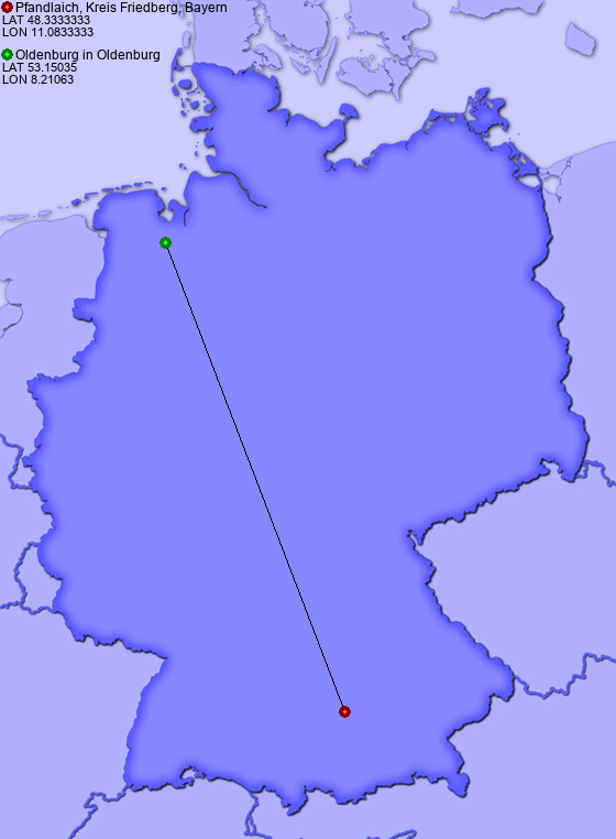 Distance from Pfandlaich, Kreis Friedberg, Bayern to Oldenburg in Oldenburg