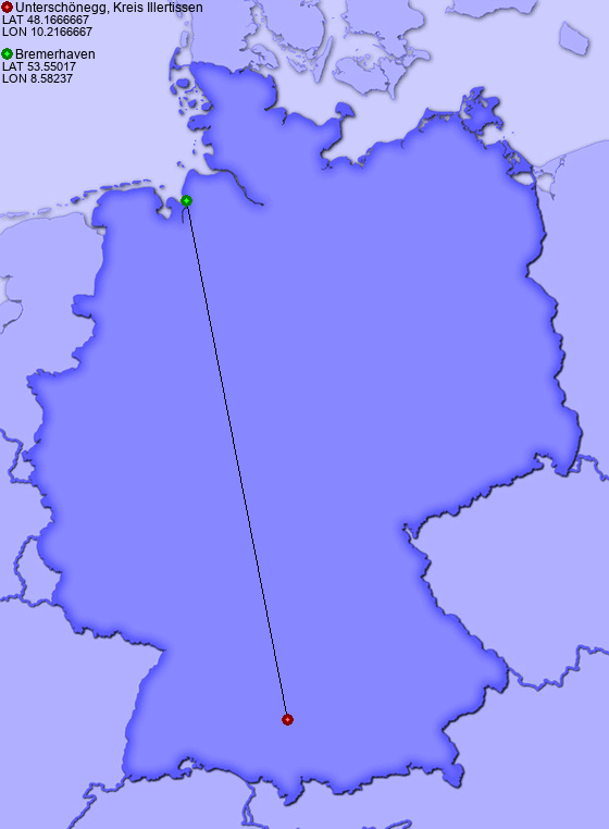 Distance from Unterschönegg, Kreis Illertissen to Bremerhaven