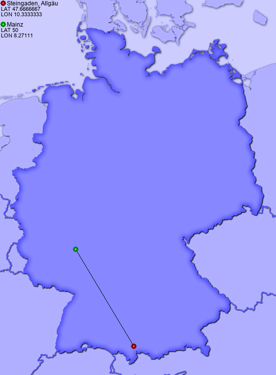 Distance from Steingaden, Allgäu to Mainz