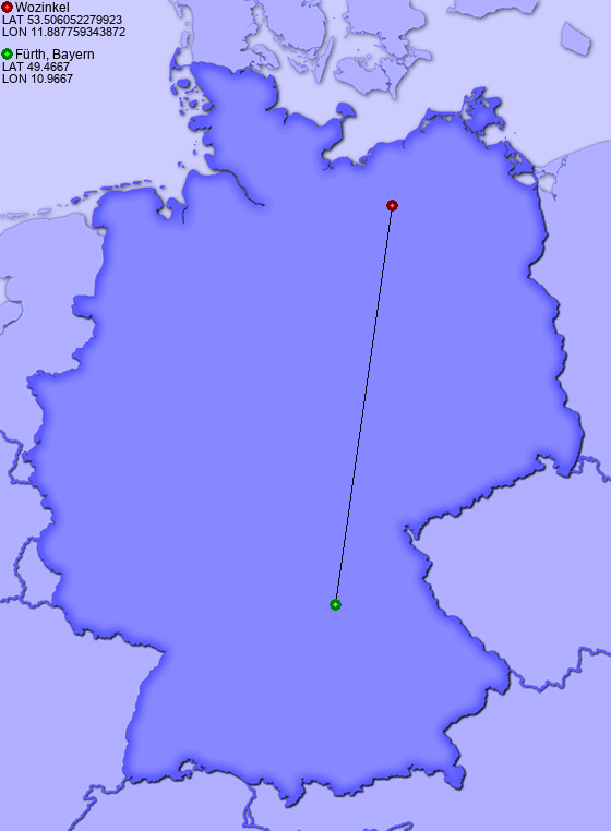 Distance from Wozinkel to Fürth, Bayern