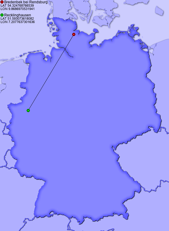 Distance from Bredenbek bei Rendsburg to Recklinghausen