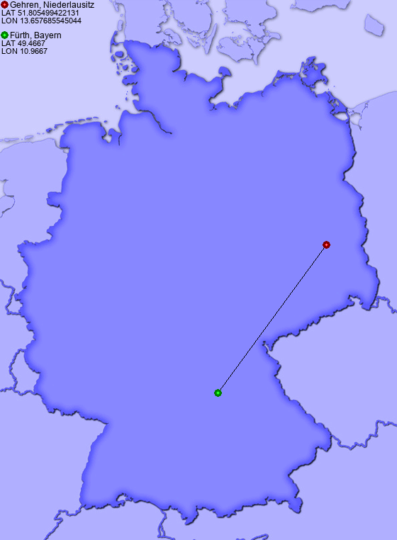 Distance from Gehren, Niederlausitz to Fürth, Bayern