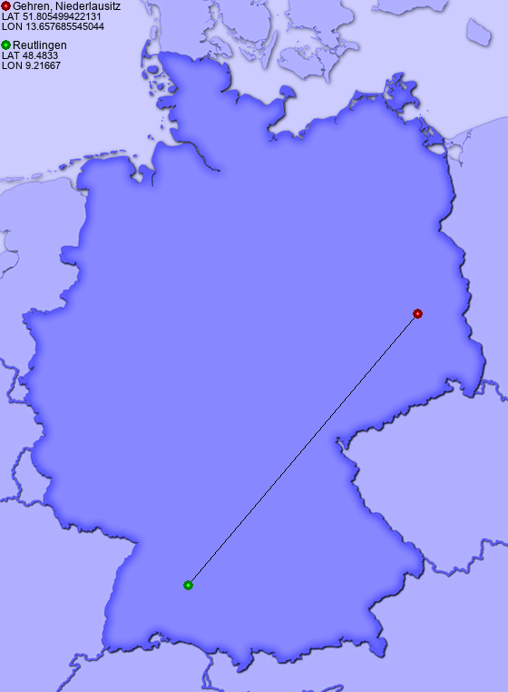 Distance from Gehren, Niederlausitz to Reutlingen