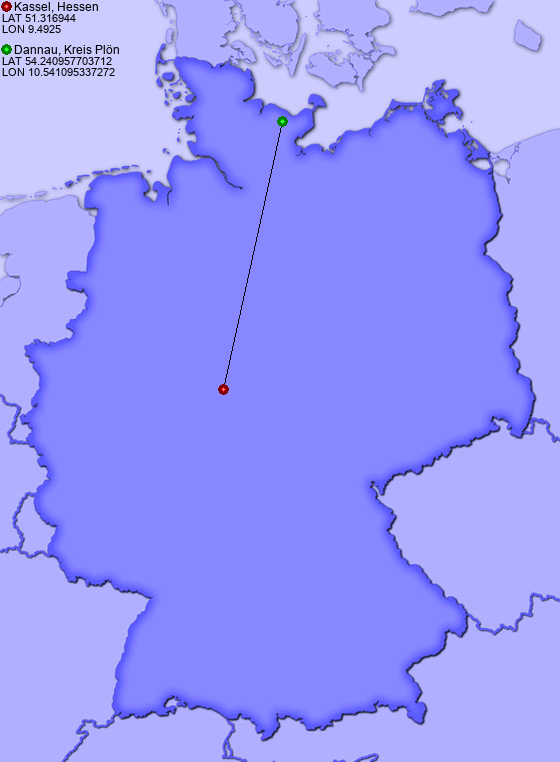 Distance from Kassel, Hessen to Dannau, Kreis Plön