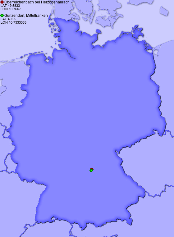 Distance from Oberreichenbach bei Herzogenaurach to Gunzendorf, Mittelfranken