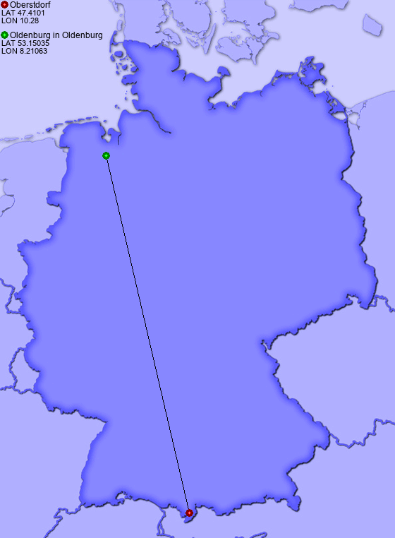 Distance from Oberstdorf to Oldenburg in Oldenburg
