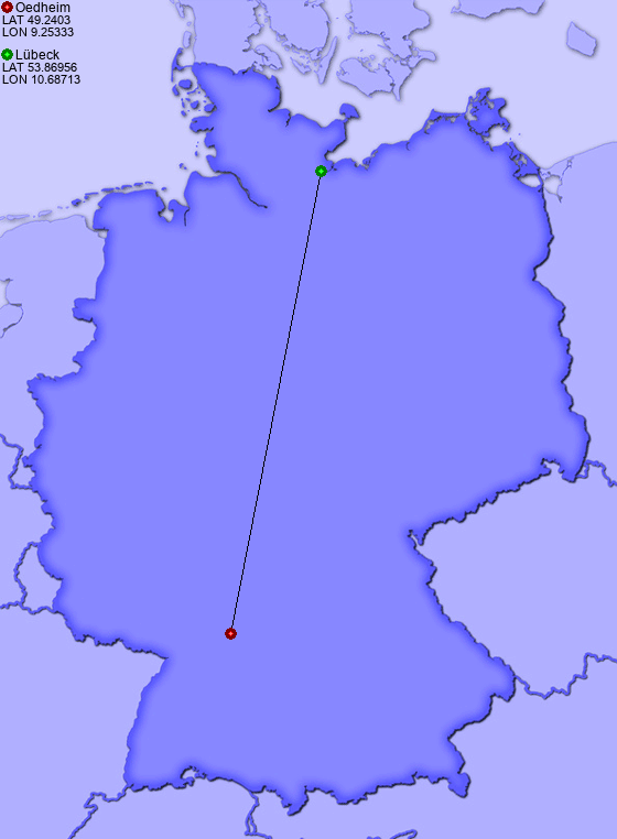 Distance from Oedheim to Lübeck