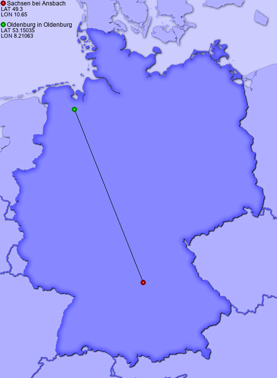 Distance from Sachsen bei Ansbach to Oldenburg in Oldenburg