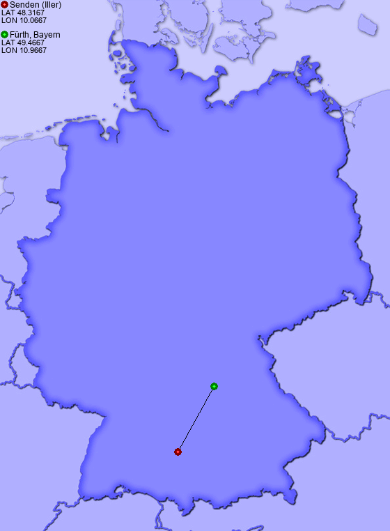 Distance from Senden (Iller) to Fürth, Bayern