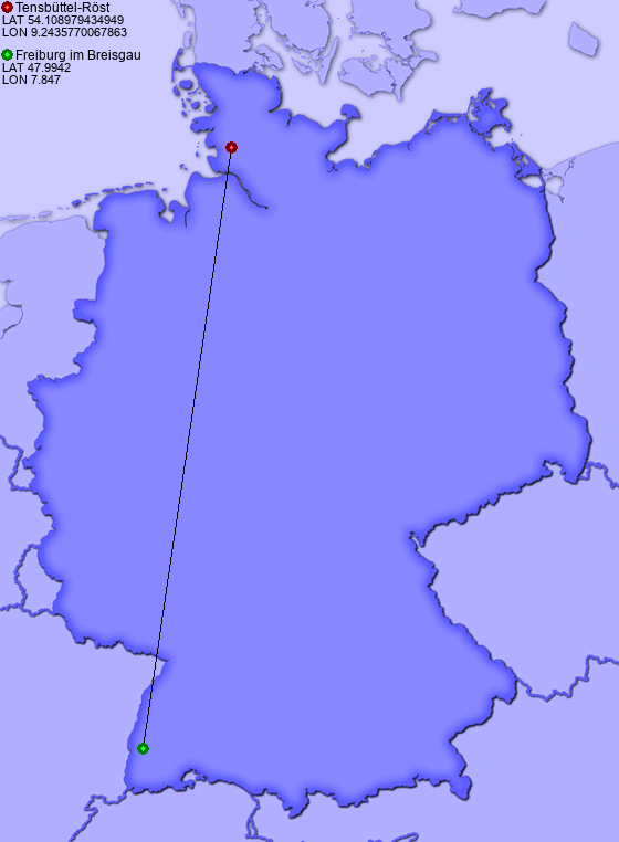 Distance from Tensbüttel-Röst to Freiburg im Breisgau