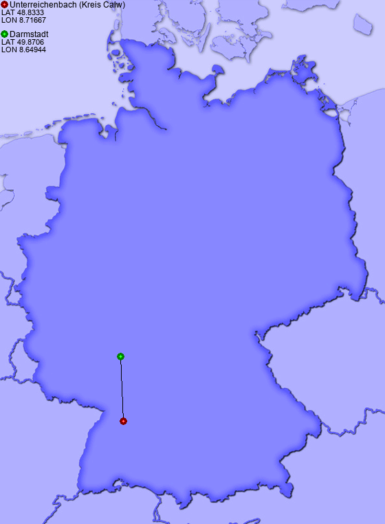 Distance from Unterreichenbach (Kreis Calw) to Darmstadt