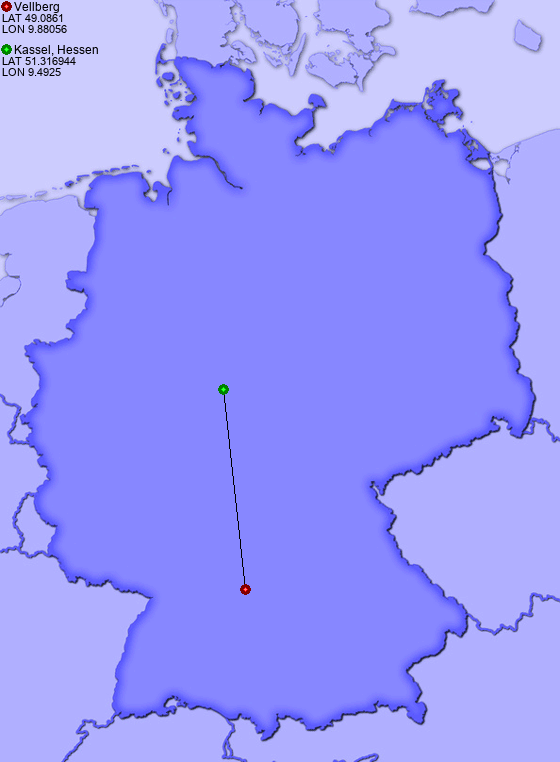 Distance from Vellberg to Kassel, Hessen