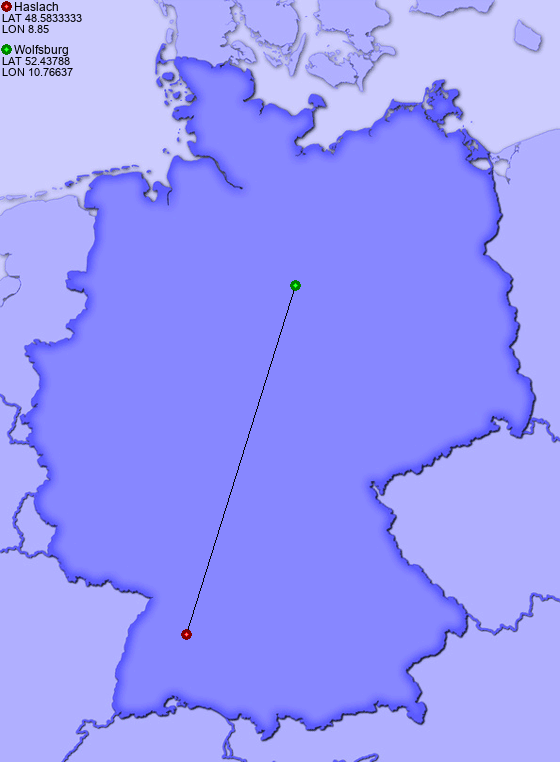 Distance from Haslach to Wolfsburg