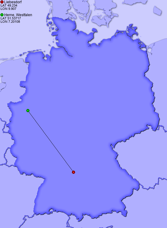 Distance from Liebesdorf to Herne, Westfalen