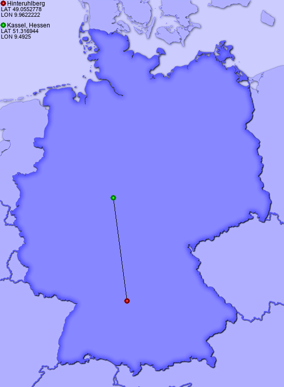 Distance from Hinteruhlberg to Kassel, Hessen