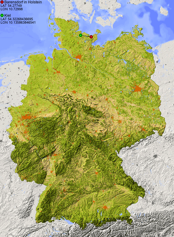 Distance from Barensdorf in Holstein to Kiel