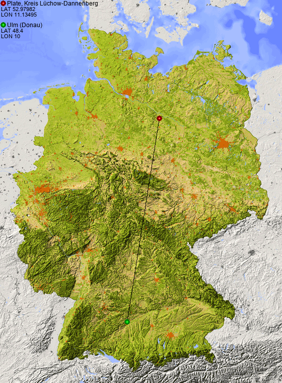 Distance from Plate, Kreis Lüchow-Dannenberg to Ulm (Donau)