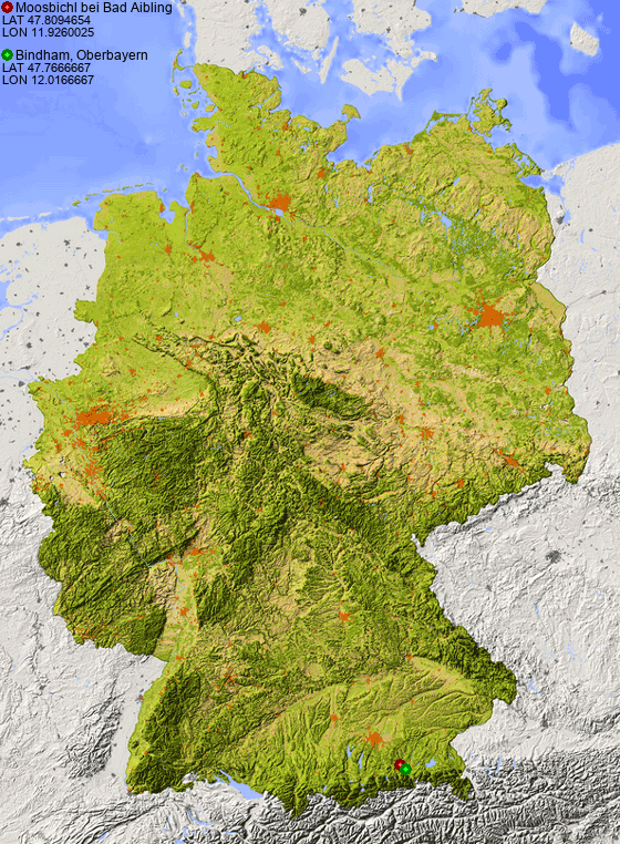 Distance from Moosbichl bei Bad Aibling to Bindham, Oberbayern